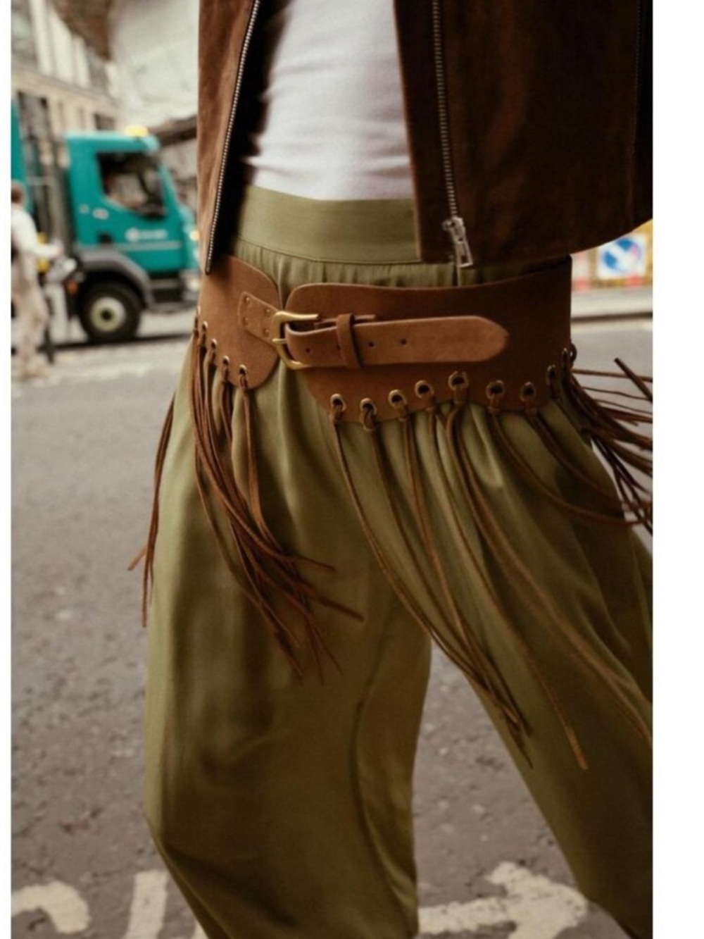 NWT Zara Brown Leather Fringe Cummerbund Belt Buckle Boho Festival Cowgirl Chic - Picture 2 of 10
